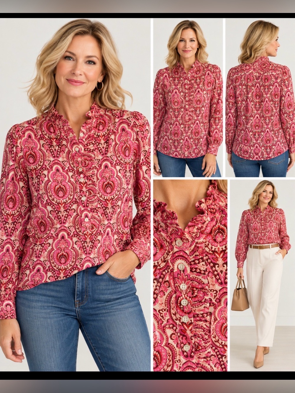 Talbots Petite LP Pink Paisley Metallic Ruffle Blouse Long Sleeve